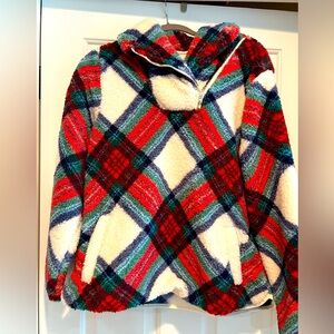 Talbots Ultra Plush Shawl Collar Plaid Fleece Pullover - Large